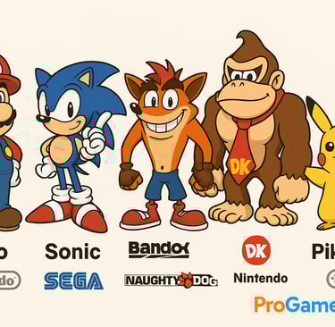Galeria com Mario, Sonic, Crash, Donkey Kong e Pikachu dos anos 90.