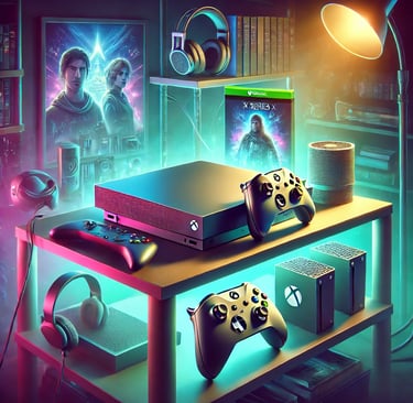 An illustration of an Xbox Series X console surrounded by gaming accessories.