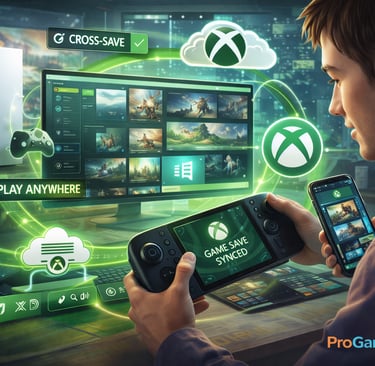 Ilustração do Xbox com integração entre console, PC, nuvem, celular e portátil.