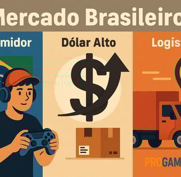 Infográfico com consumidor, símbolo do dólar e logística no Brasil.
