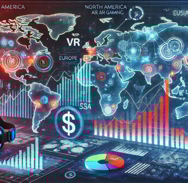 Mapa mundial com hologramas destacando mercados de RV e RA em regiões como América do Norte, Europa