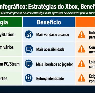Tabela com estratégias do Xbox, benefícios e riscos para a plataforma.
