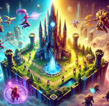 batalha em uma arena MOBA, com heróis luta, torres e habilidades mágicas, simbolizando o gênero