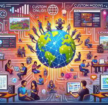 jogadores de diferentes origens colaborando em projetos de modding. O cenário inclui ferramentas