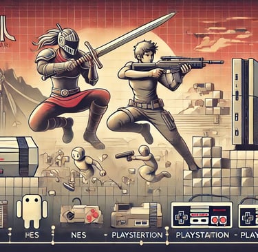 Montagem horizontal com guerreiros de RPG, personagens de plataforma e jogadores de FPS com uma linh