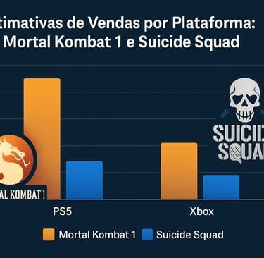 Mortal Kombat 1 e Suicide Squad no PS5 e Xbox em ilustração horizontal.