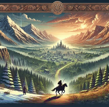 aventureiro cavalgando em um vasto mundo com montanhas, florestas e uma cidade medieval