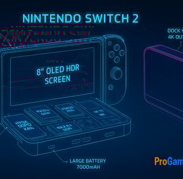 Blueprint do Nintendo Switch 2 em vista explodida, mostrando tela OLED, chip Orin, bateria 7000 mAh 