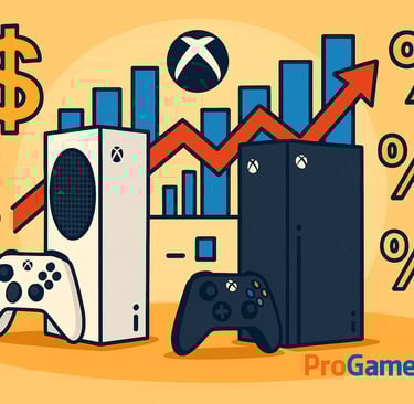 Xbox Series S e Xbox Series X com gráficos e símbolos de aumento de preços.