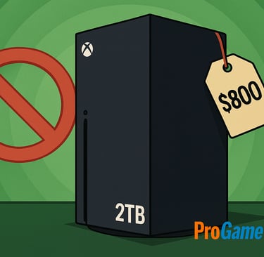 Xbox Series X 2TB com etiqueta de US$ 800 e símbolo de proibição.