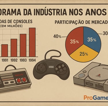 Gráficos de vendas e consoles clássicos dos anos 90.