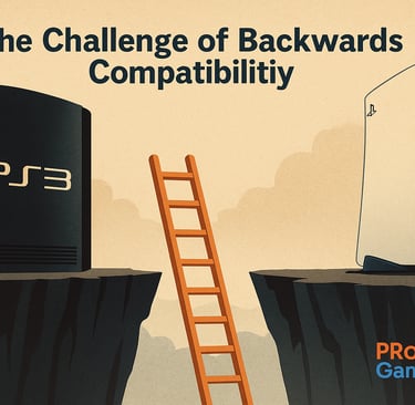 PS3 e PS5 separados por abismo com escada simbólica.