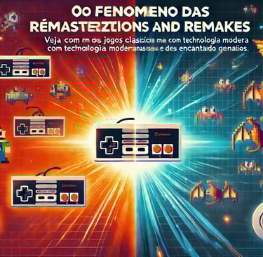 jogos clássicos em pixels evoluindo para versões modernas remasterizadas, com controles e um brilho