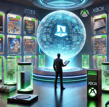 futuro da retrocompatibilidade , com um jogador acessando uma biblioteca digital universal