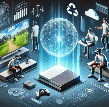 Consoles futuristas com hologramas, VR leve, e recursos sustentáveis, destacando tendências.