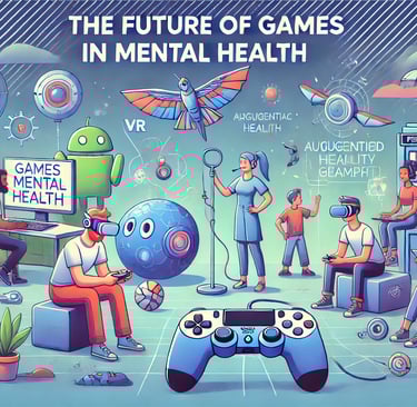 Cenário futurista com pessoas usando tecnologias como realidade virtual e aumentada em terapias