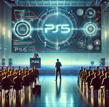 Apresentação do PS6 em um evento tecnológico com um orador em frente a um telão exibindo o logotipo 