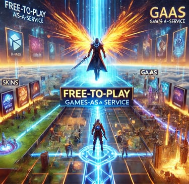 mostrando o impacto do Free-to-Play e GaaS, com um personagem em uma plataforma cercada por opções 