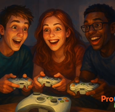 Jogadores sorrindo enquanto jogam Xbox 360, representando o impacto social do console.