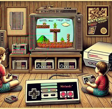 Cena nostálgica de uma sala dos anos 1980 com um Nintendo Entertainment System e uma criança jogando