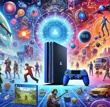 Console PS6 cercado por mundos virtuais, personagens de jogos variados e portais do metaverso