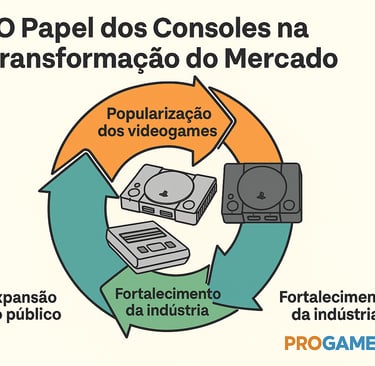 Fluxograma circular mostrando o impacto dos consoles no mercado gamer dos anos 90.