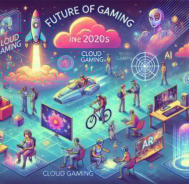futuro dos jogos na década de 2020, com metaverso, cloud gaming e hologramas AR em destaque.