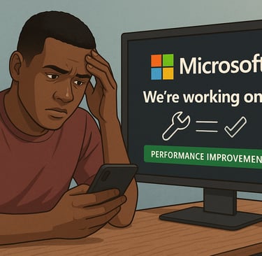 Usuário vê mensagem da Microsoft informando que solução está em andamento.