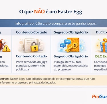 Quadro explicando o que não é Easter Egg, diferenciando bugs, DLCs e segredos obrigatórios