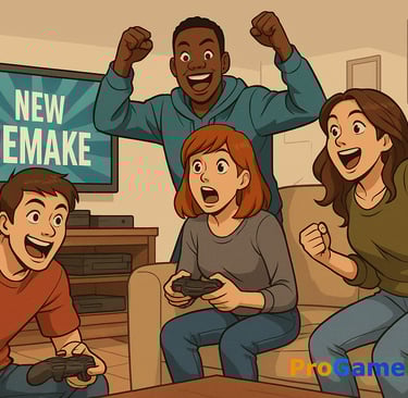 Jogadores comemorando em frente à TV com anúncio de remake.