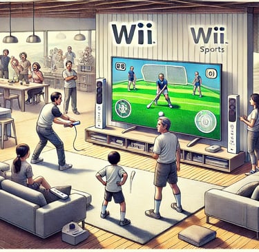 Cena moderna com jogadores usando controles Wii Remote, jogando em uma TV de tela plana, com familia