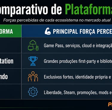 Tabela comparando Xbox, PlayStation, Nintendo e PC por força percebida.