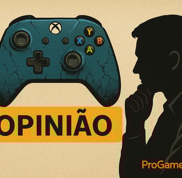 Controle Xbox rachado com a palavra OPINIÃO e silhueta pensativa ao lado, em fundo bege texturizado.