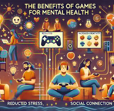 Pessoas diversas jogando videogames em um ambiente confortável, cercadas por ícones