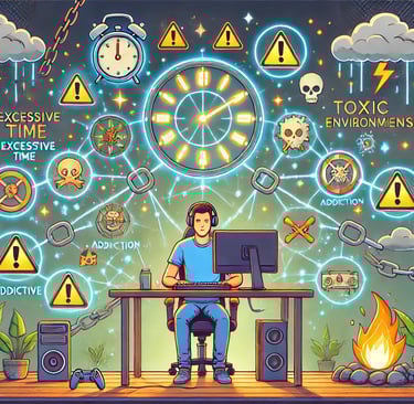 Pessoa em uma mesa de jogos cercada por ícones de alerta, como relógios, correntes e nuvens