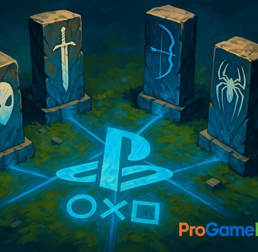 Quatro pilares de pedra representam os clássicos exclusivos da PlayStation.