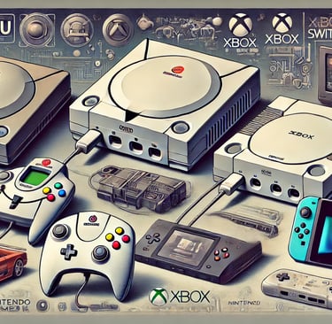 Dreamcast com VMU, Xbox destacando recursos online, e Nintendo Switch nos modos dock e portátil.