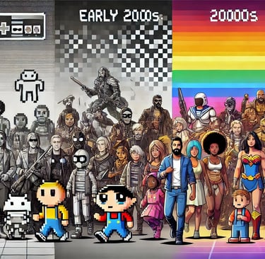 À esquerda, uma tela de arcade com personagens pixelados e estereotipados.