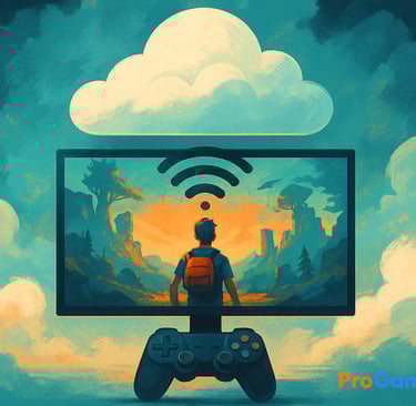 Gamer conectado a mundo virtual via nuvem e controle sem fio.