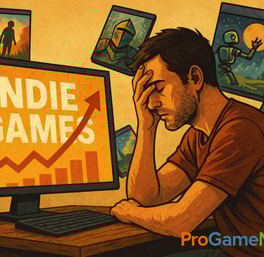 Desenvolvedor indie diante de monitor com gráfico de crescimento.