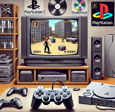 Sala dos anos 1990 com PlayStation 1, TV exibindo gráficos 3D genéricos