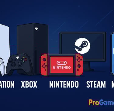 Consoles e dispositivos representando PlayStation, Xbox, Nintendo, Steam e Mobile.