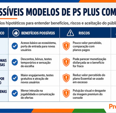 Tabela compara modelos hipotéticos de PS Plus com anúncios e seus impactos.