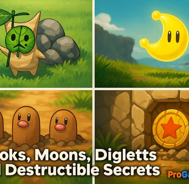 Colagem 16:9 com Korok, lua de Mario, Digletts e segredo atrás de parede