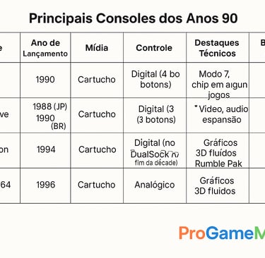 Tabela comparando os principais consoles dos anos 90 e suas especificações.