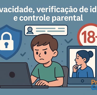 Infográfico horizontal com símbolos de privacidade, verificação de idade e controle parental em jogo