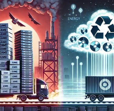 Contraste visual entre distribuição física com poluição e distribuição digital com energia sustentá