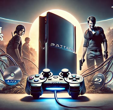 O PS3 em destaque com sua forma curva e brilhante, acompanhado do controle DualShock 3 em um cenário