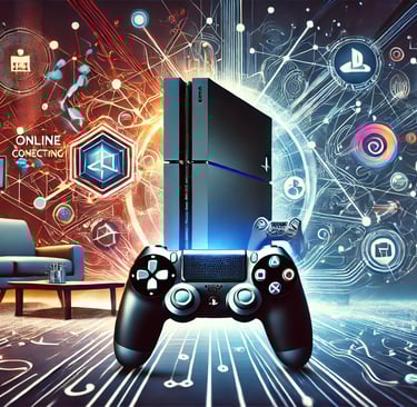 Um console inspirado no PS4 e um controle em um cenário futurista, com linhas de luz abstratas 