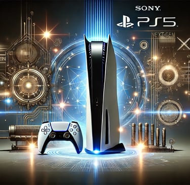 Uma silhueta de console inspirada no PS5 em um ambiente tecnológico com luzes estendidas